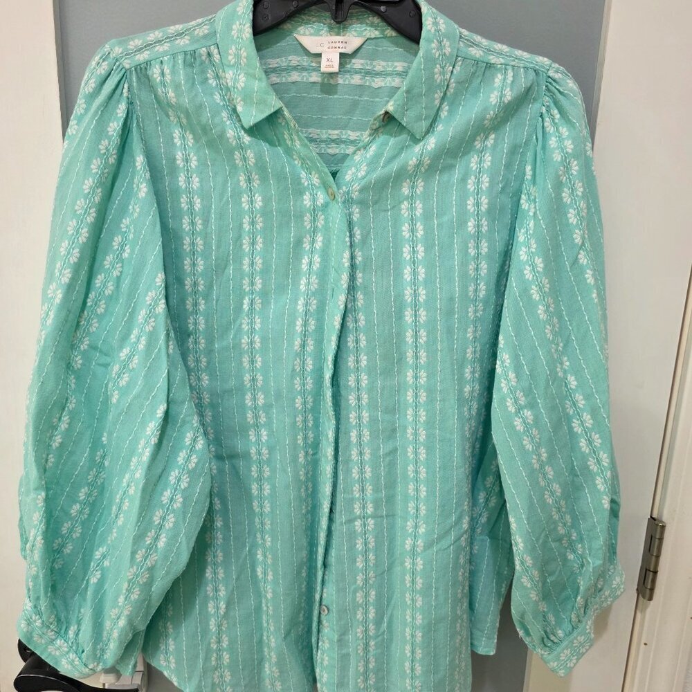 Lauren Conrad Mint Floral Stripe Button-Up Blouse